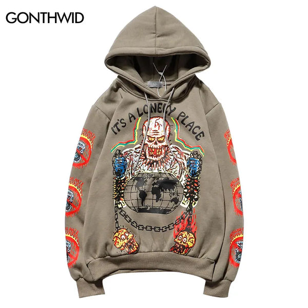 Punk Hoodie Men Streetwear Hip Hop Skull Skeleton Print Gothic Fleece