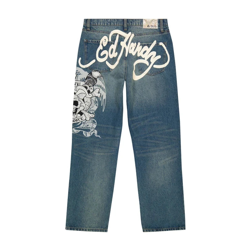 hip hop punk skull print baggy blue jeans for women y2k street wear casual straight wide leg pants hot selling denim trousers stacked flare jeans
