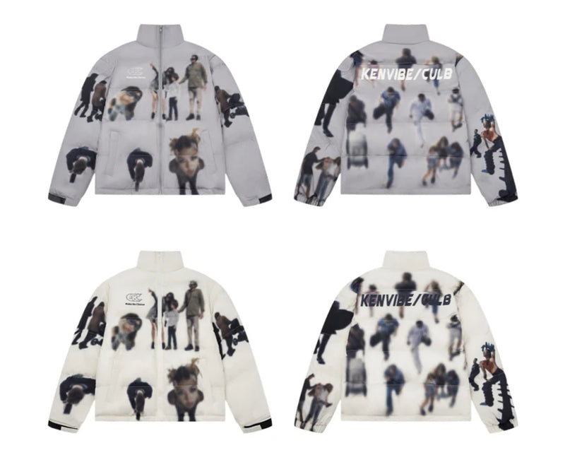 Hip Hop Jacket Parka Human Graffiti Print Men Winter Windbreaker Streetwear Harajuku Padded Jacket Coat Warm Outwear Hipster New