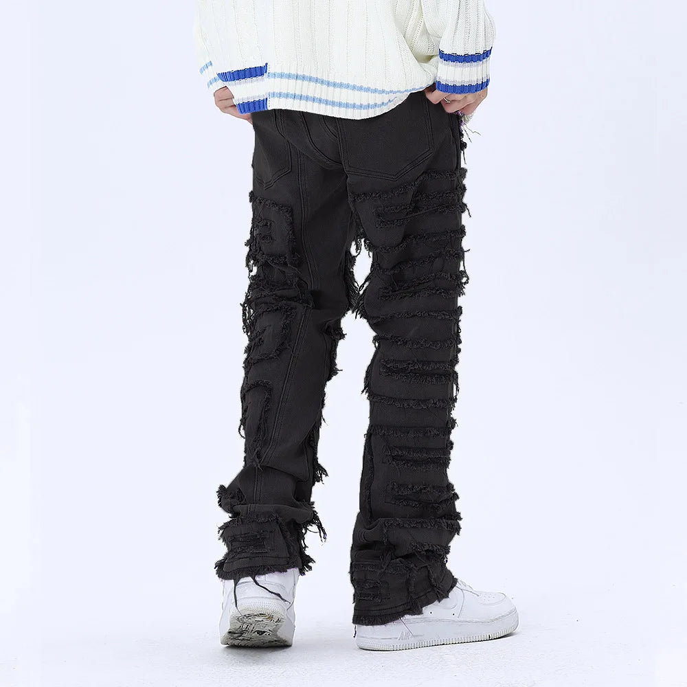 tassel hole spliced european and american straight leg denim pants new popular patch jeans mens wear unique jeans style 200