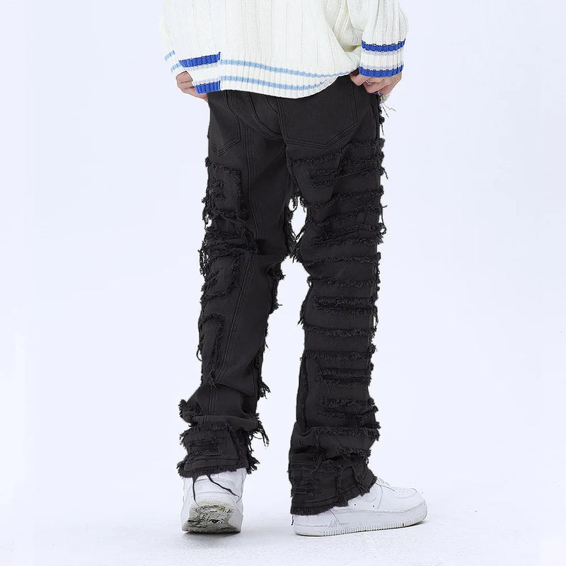 tassel hole spliced european and american straight leg denim pants new popular patch jeans mens wear unique jeans style 200