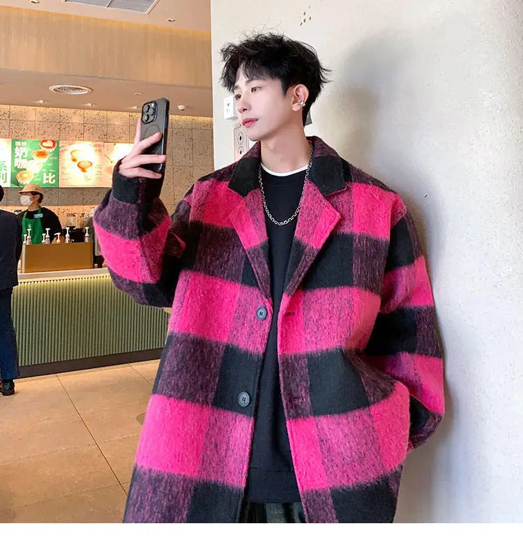 Plaid Woolen Trenchcoat Men Autumn Winter Fashion Retro Streetwear Suit Collar Loose Casual Trendy Trench Coat Outerwear