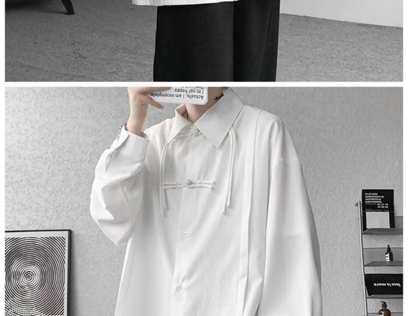 Shirts for men spring and autumn style national fashion design loose and versatile large size outer wear lapel long sleeved tops