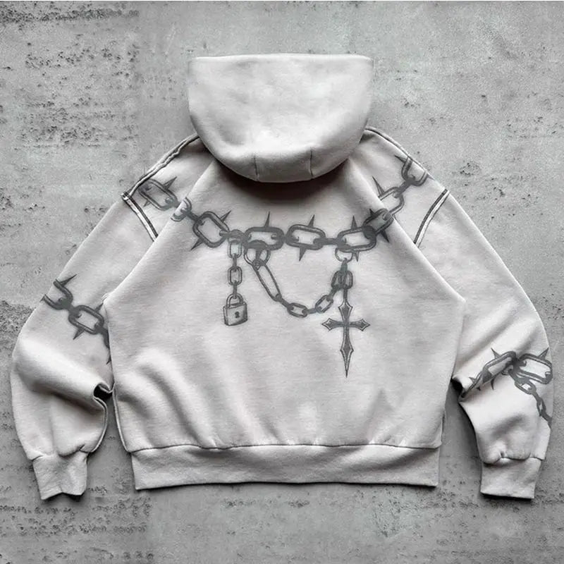 2024 American Trend Brand Printed Personality Zipper Sweatshirt Winter Hip Hop Retro Men's Women's