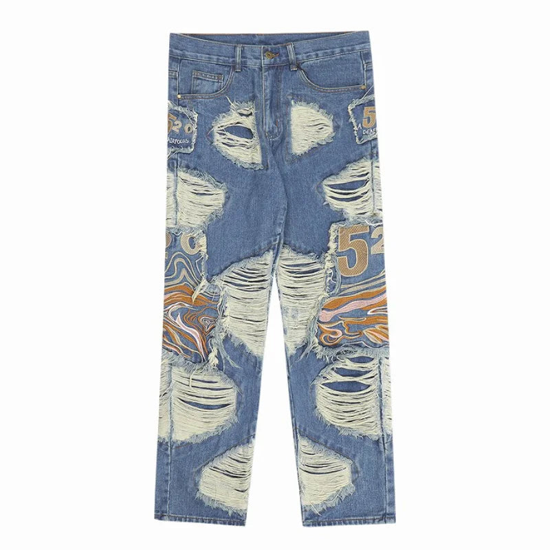 fashion embroidery destroyed ripped tassel holes denim jean pants mens casual loose straight jeans hip hop streetwear joggers sporty tapered joggers
