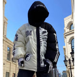 rainbowtouches mens winter parka jacket skeleton print streetwear outwear harajuku padded hooded loose warm coat unisex green - variant style 3c4da4 for streetwear fashion