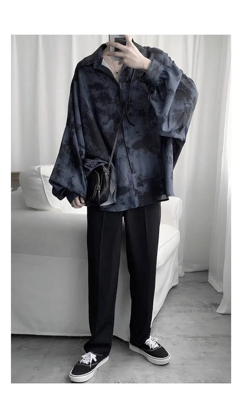 Tie dye loose shirt men long sleeved early autumn Korean version student ins men shirt dark abstinence inch shirt men shirts y2k