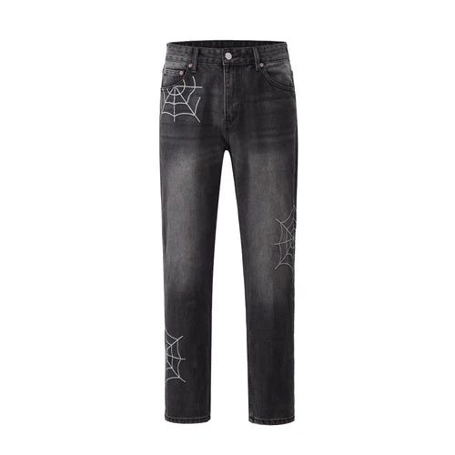 mens hip hop streetwear denim pants cobweb embroidery denim pants 2023 harajuku zipper cotton joggers jeans trousers harem pants unique joggers style 1928