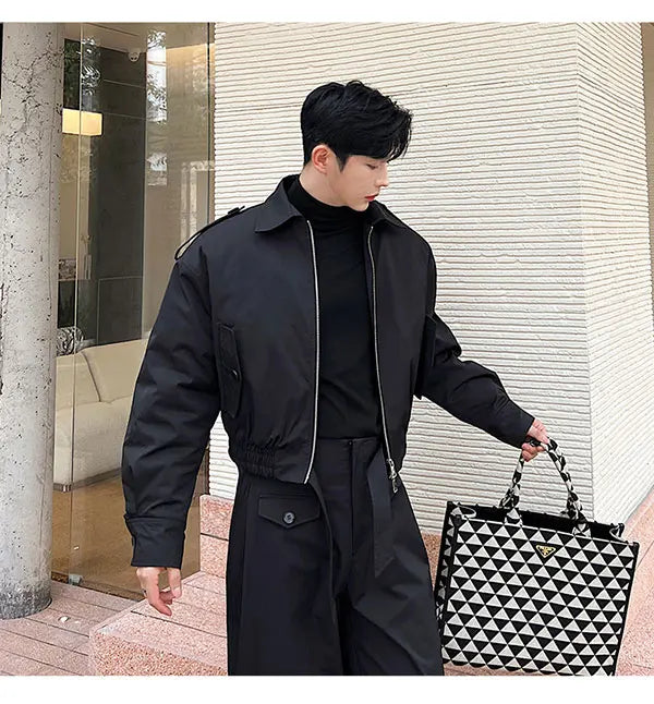men 2 pieces sets quilted short cargo jacket pant autumn winter korean streetwear casual thicken bomber coat trousers suits unique cargo style 2769