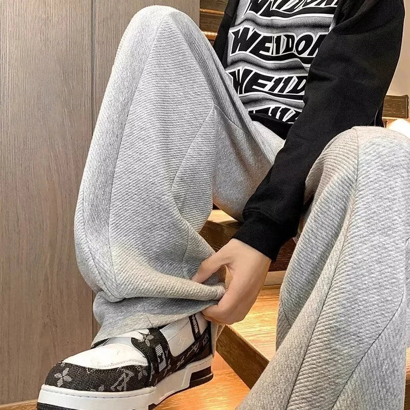 winter mens gray thickened straight leg sweatpants 2025 high street baggy drape pants korean fashion y2k casual trousers streetwear sweatpants