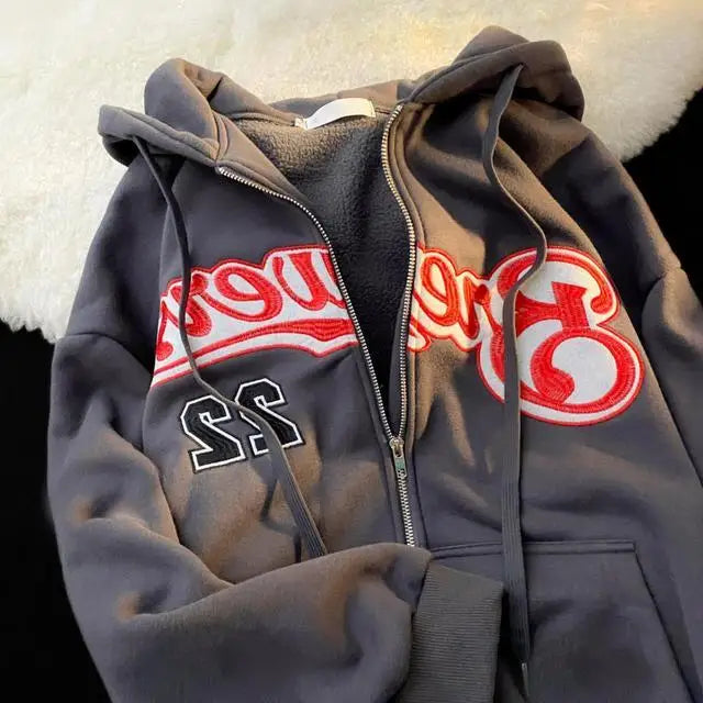Hoodies Women Retro Harajuku Hip Hop Jacket High Street Zip Up Hoodie