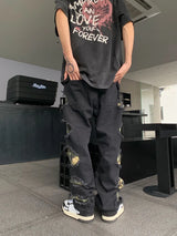 side destroyed ripped holes denim jeans pants mens casual patchwork camouflage loose straight joggers hip hop streetwear jeans unique joggers style 4086