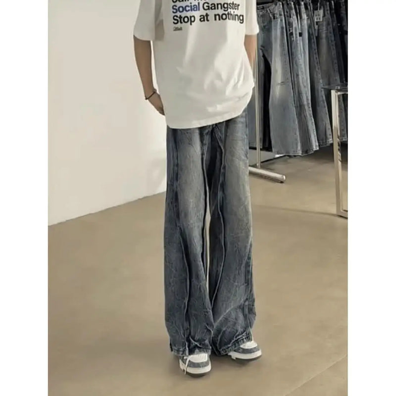 american high street hip hop men and women trendy washed straight leg jeans autumn couple loose micro flared casual pants y2k unique jeans style 53