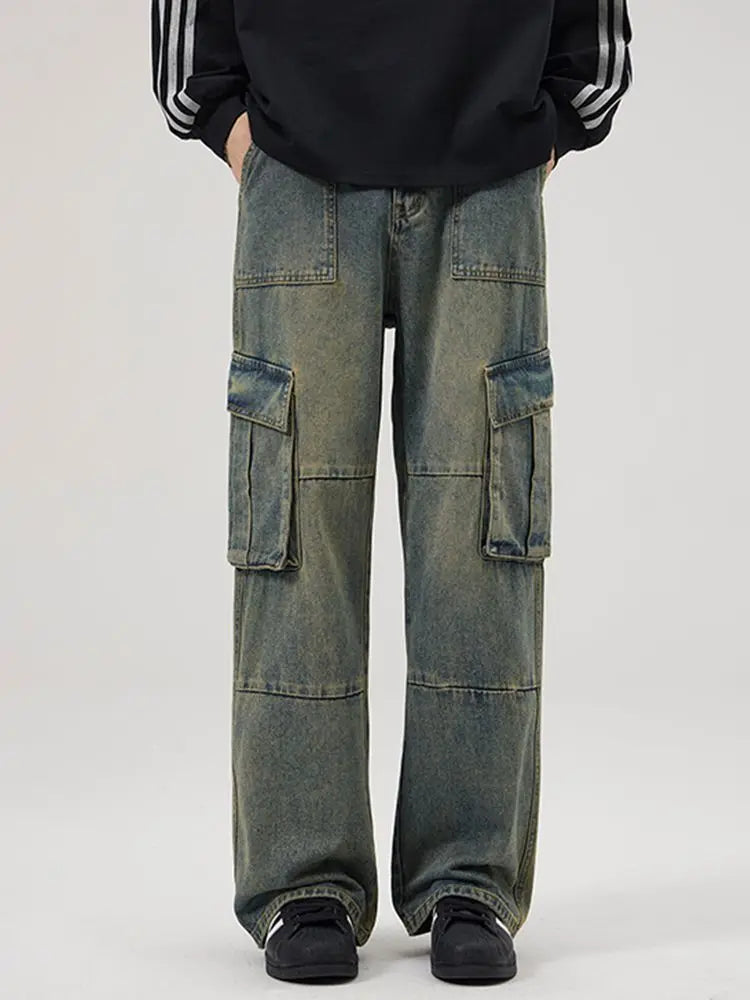 spring and autumn retro men and women trendy straight tube multi pocket work clothes jeans american couple loose casual pants urban skinny jeans