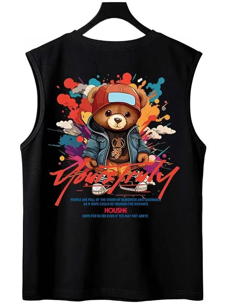 Vaporwave Angelcore design – New Hip Hop Fashion Graffiti Bear Print Tank Tops Mens Cloth