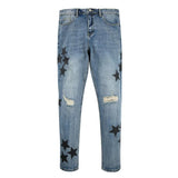 fashion ripped destroied jeans trousers distressed biker jeans with stars high street slim pants joggers denim jeans for men streetwear sweatpants