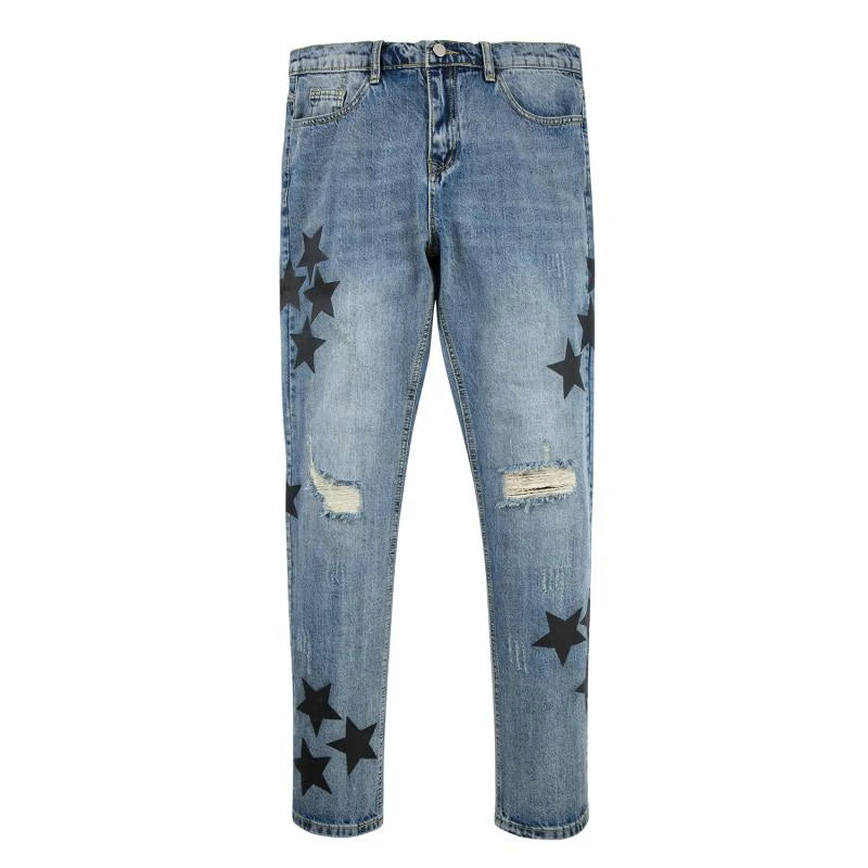 fashion ripped destroied jeans trousers distressed biker jeans with stars high street slim pants joggers denim jeans for men streetwear sweatpants
