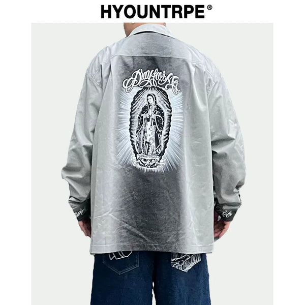 Hip Hop Streetwear Shirts Harajuku Retro Printed New Casual Long Sleeve Single Breasted Shirts for Men Loose Tops Cargo Shirt