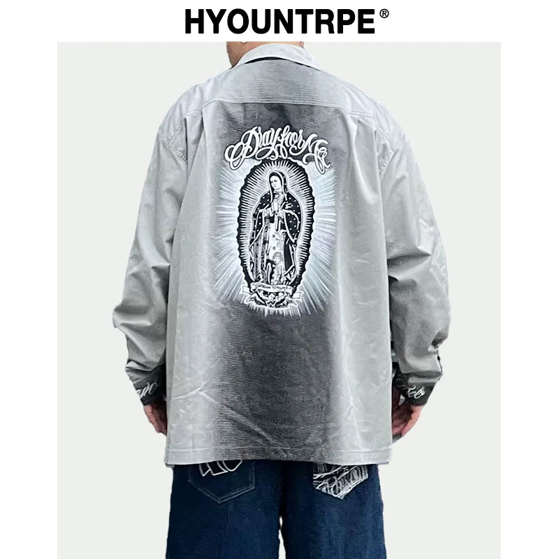 Hip Hop Streetwear Shirts Harajuku Retro Printed New Casual Long Sleeve Single Breasted Shirts for Men Loose Tops Cargo Shirt