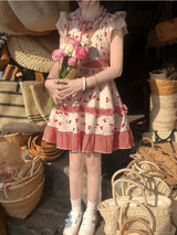 Summer Red Lolita Kawaii Dress Women Bow Sweet Princess Party Mini Dress Female Patchwork Korean Fashion Cherry Cute Dress 2023