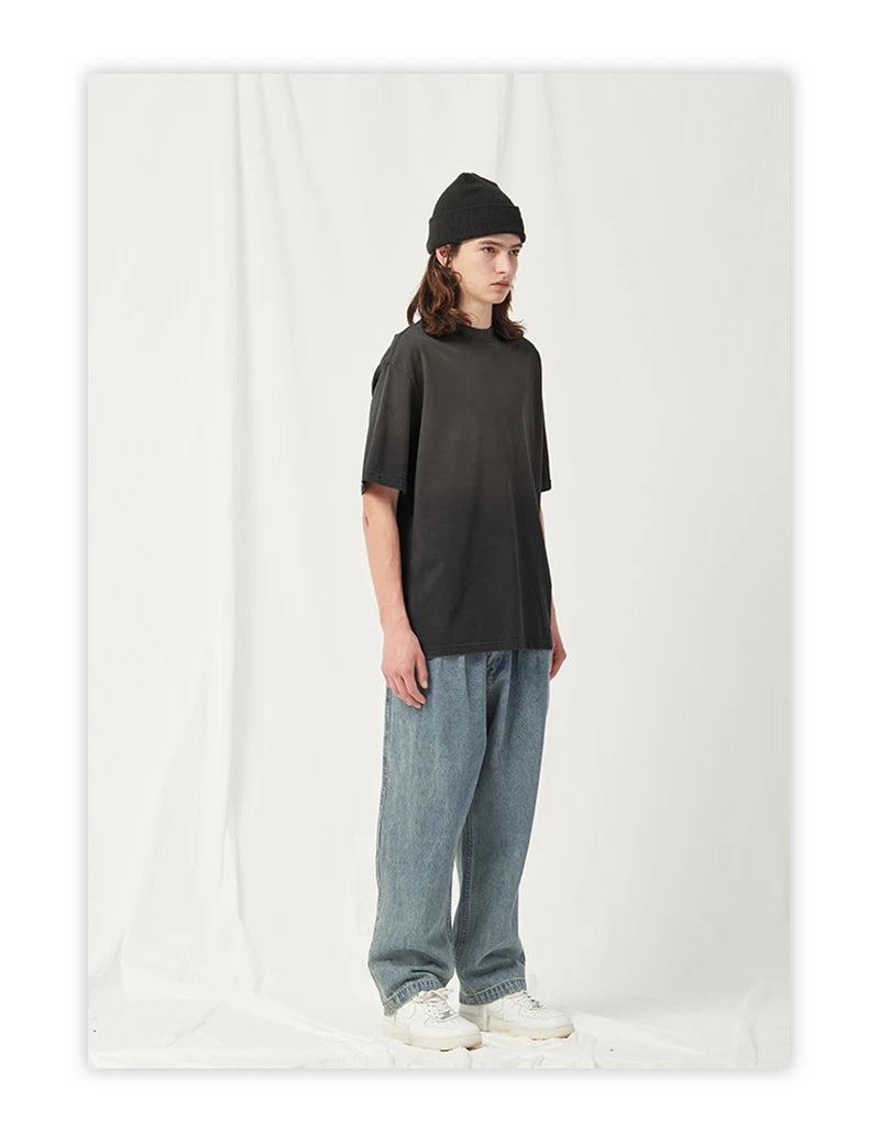 Spring Summer New Products Fried Color Wash Water Gradient Color Loose Short-sleeved Casual Basic Bottoming Round Neck