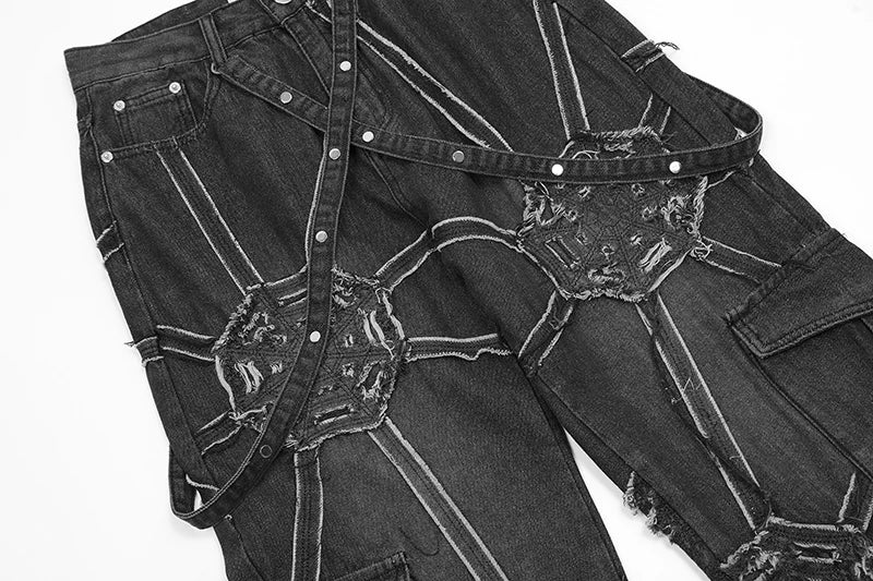 punk belt denim jeans pants women harajuku streetwear side pocket cotton men unisex casual baggy joggers straight pants trousers unique joggers style 4375