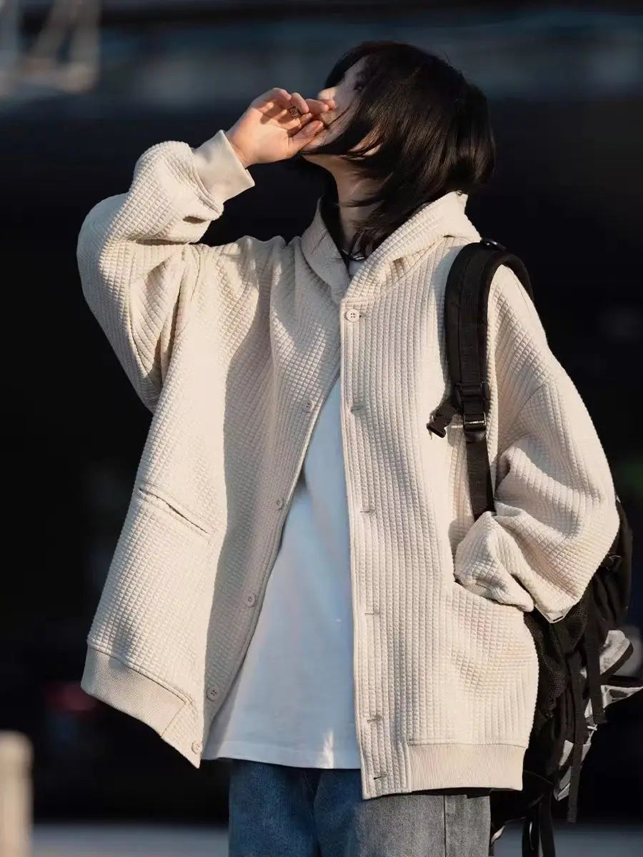 Korean Retro Y2K Waffle Hooded Jacket for Men and Women Ins Harajuku Style Casual Loose