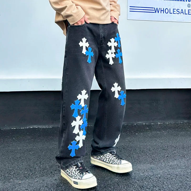 men embroidery streetwear brand fashion hip hop loose casual straight motorcycle denim jeans pant cityboy y2k jeans trousers unique jeans style 2499