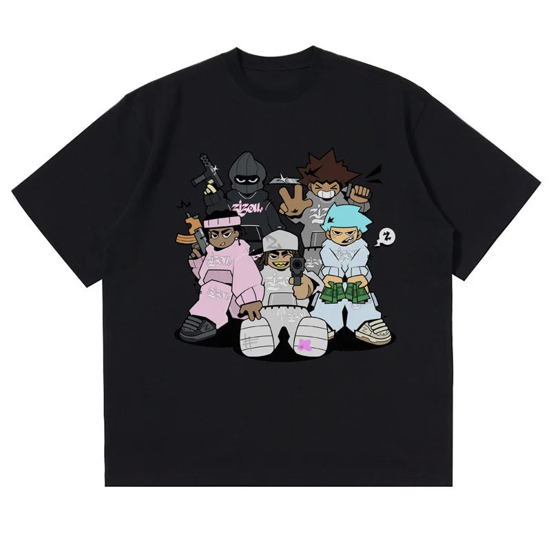 oversized cartoon glitch tee with hip hop energy and manga shapes