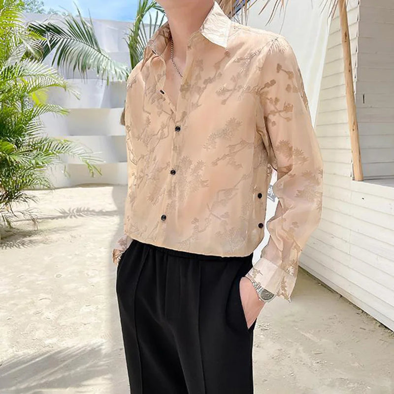 Mens Shirt Semi Transparent Exquisite Bamboo Plum Jacquard Embroidery Pattern Shirt Light Weight Sensual Long Sleeve Tops Summer