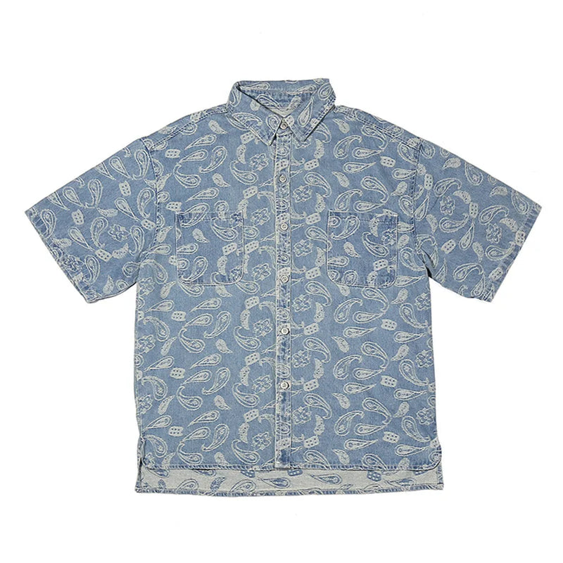 New 2022 Men luxurious Paisley West Coast CRIPS Bloods Fashion Denim Casual Shirts Shirt high Pocket Short-sleeves S 2XL #A630