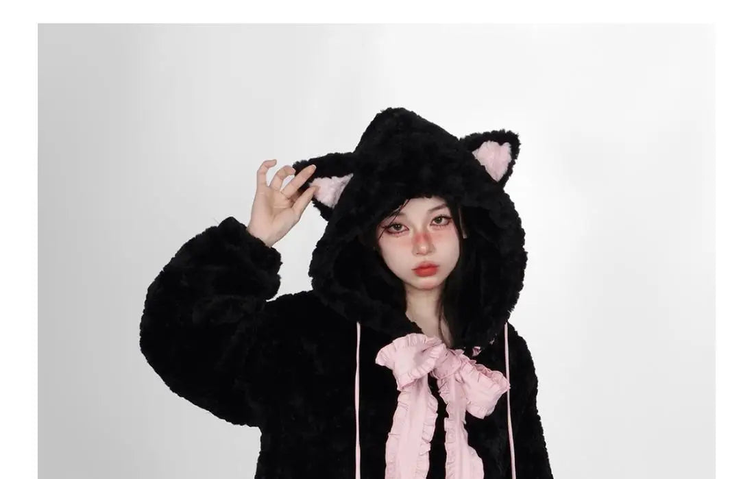Harajuku Little Wildcat Hoodies Women Bodysuit Black Tie Bowknot Cute
