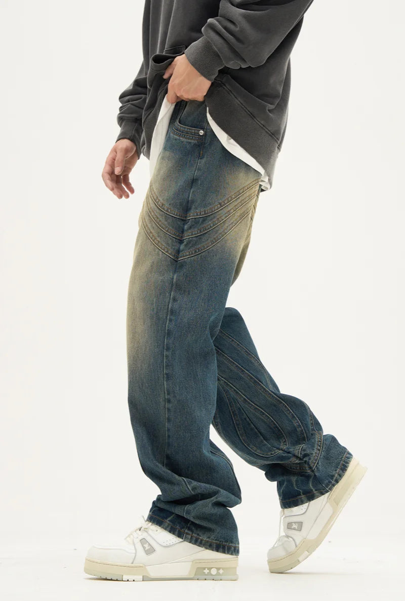 mens retro washed denim jeans loose straight pants 2023 new fashion streetwear trousers hip hop casual zipper jean pants joggers sporty tapered joggers