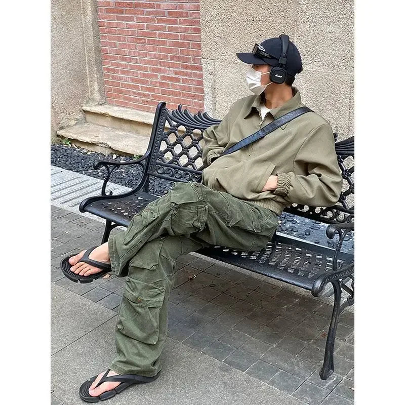 high street y2k men set casual loose lapel jacket hip hop multi pocket overalls 2 piece spring autumn fashion couple suit trend clean everyday pants