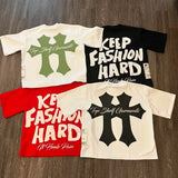 Trapwear Graphic tee – Harajuku Hip Hop Retro Letter Cross Print Oversized Short Sl