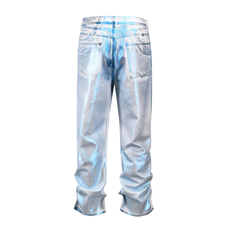 european and american retro blue reflective wax printing jeans pants slim splashing ink cleanfit couple straight leg jeans male denim street jeans