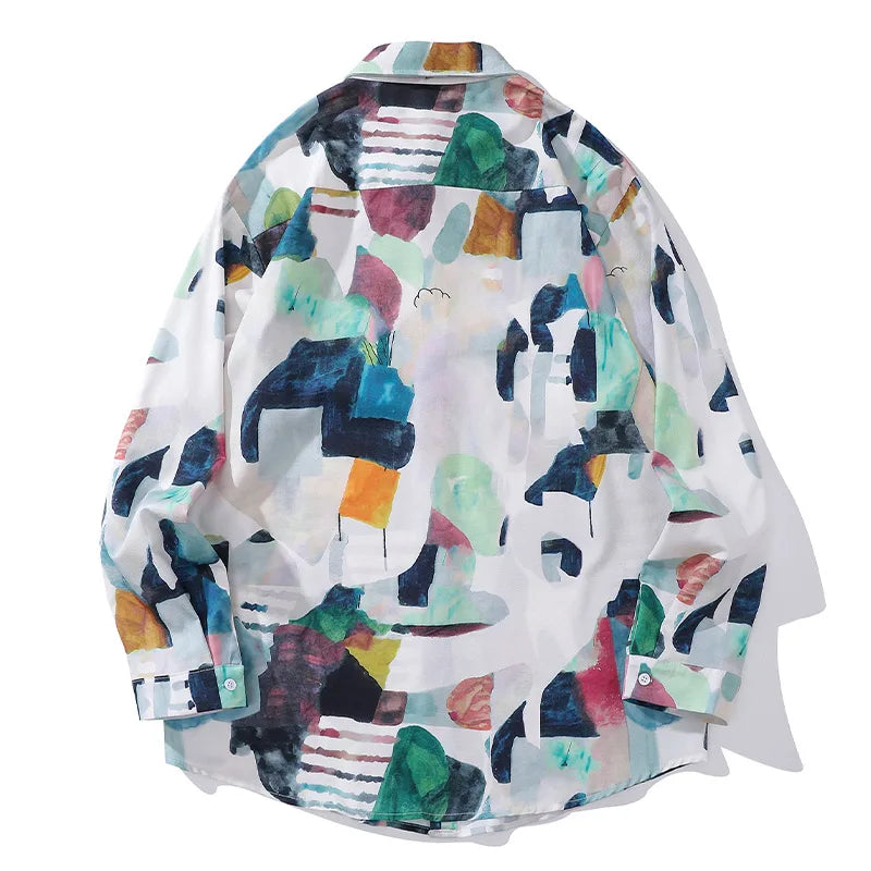 High Street Abstract Colorblock Painting Hawaiian Shirts for Men Autumn Trendy Shirt Oversized