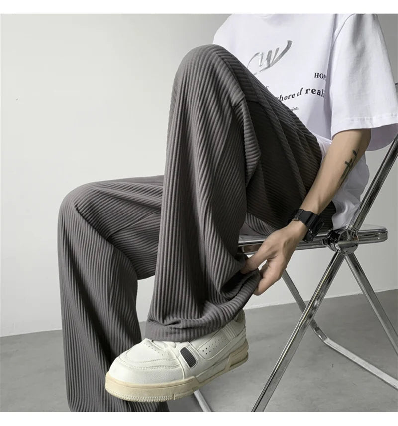 summer texture straight pants for men korean fashion baggy wide leg trousers casual drape pleated striped y2k pantalones hombre unique default style 493