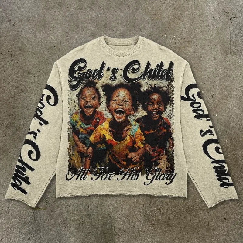 High Street Fashion Distressed Long-sleeved Pullover Men Y2k Harajuku Retro Hip-hop Rock Graffiti Style Oversized T-shirt Women