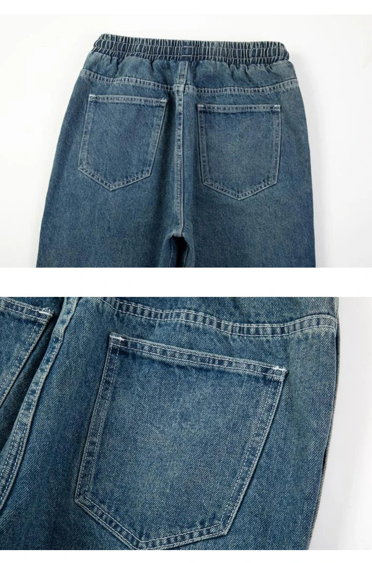 washed distressed denim sweatpant cashew flower patchwork oversized splice buckle jogging jeans casual button baggy men clothing unique joggers style 4372
