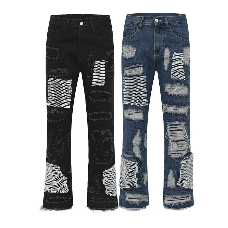 distressed skinny flared micro flare jean for mens mesh big destroyed ripped denim jeans hip hop biker jeans pants male unique jeans style 1333