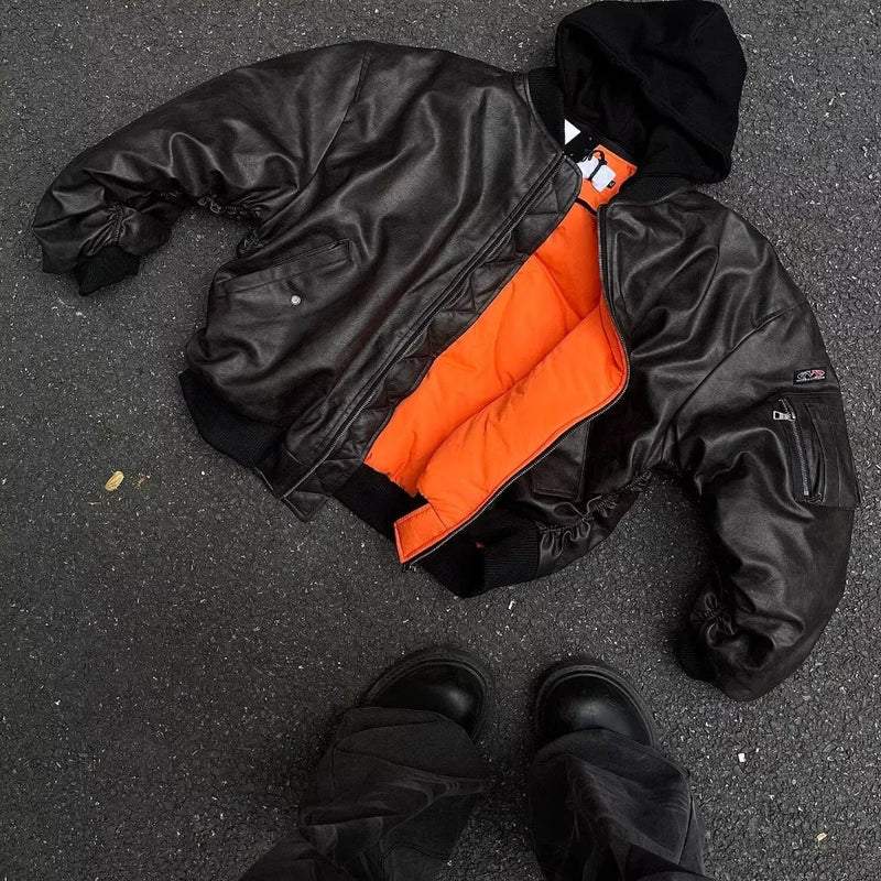 Winter American Fake Two Pieces Parkas Mens Heavy Weight Thicken Hip Hop PU Leather Cotton Jacket Trend Loose Motorcycle Coats