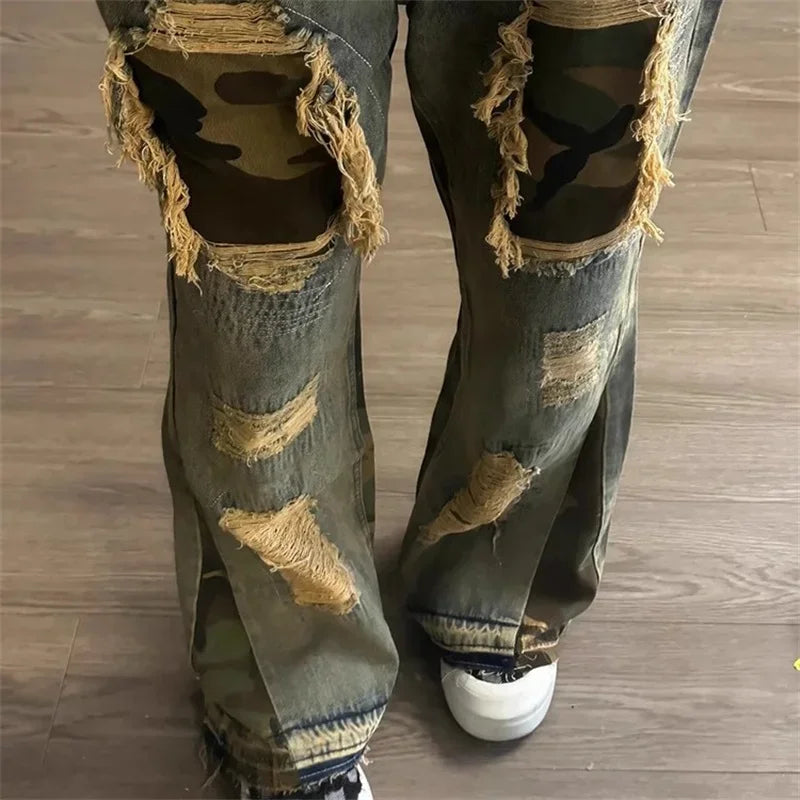 hip hop camouflage ripped patchwork denim pants for men y2k vintage streetwear wide leg jean 2025 new distressed baggy jeans unique jeans style 319