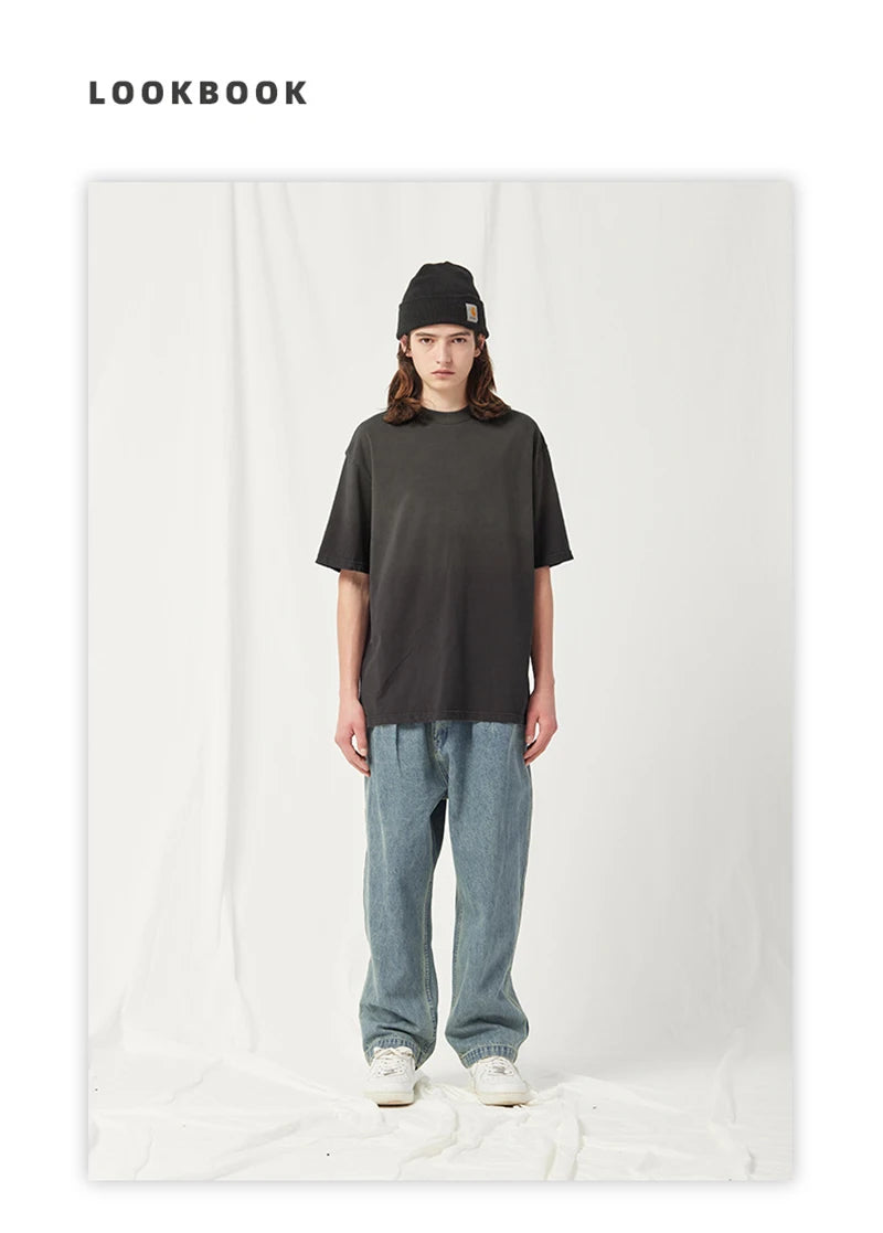 Spring Summer New Products Fried Color Wash Water Gradient Color Loose Short-sleeved Casual Basic Bottoming Round Neck
