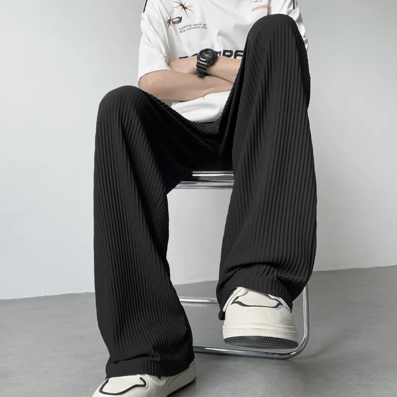 summer texture straight pants for men korean fashion baggy wide leg trousers casual drape pleated striped y2k pantalones hombre unique default style 485