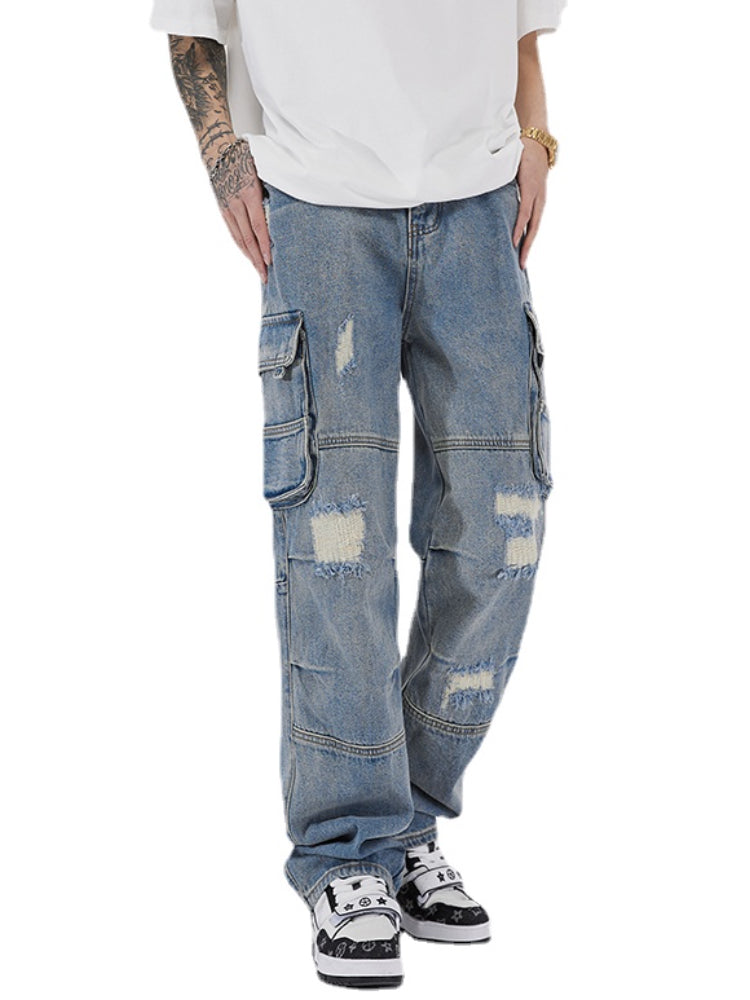 mens baggy jeans side big pocket distressed ripped denim jean straight pants high street cargo jean pants hip hop joggers jeans unique joggers style 2993