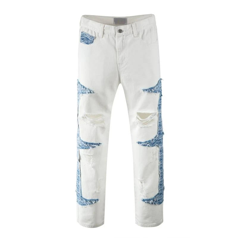 mens high street denim jean pants casual loose destroyed ripped holes straight jeans side patchwork hip hop streetwear joggers relaxed fit joggers