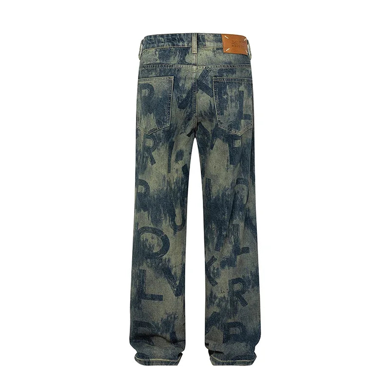 men loose casual american high street hip hop vibe printed denim baggy jeans pants man streetwear ripped jeans trousers unique jeans style 3087