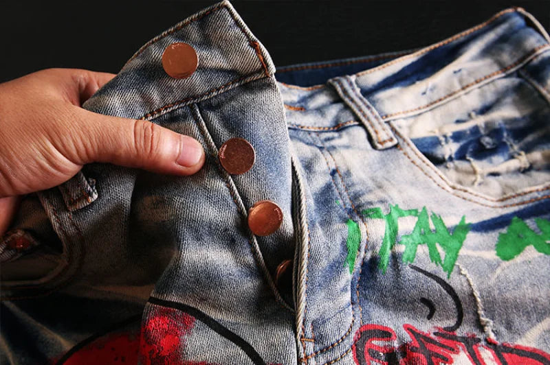 skull graffiti printed ripped denim jeans hip hop distressed biker jeans fashion streetwear slim pants joggers y2k men s jeans casual joggers
