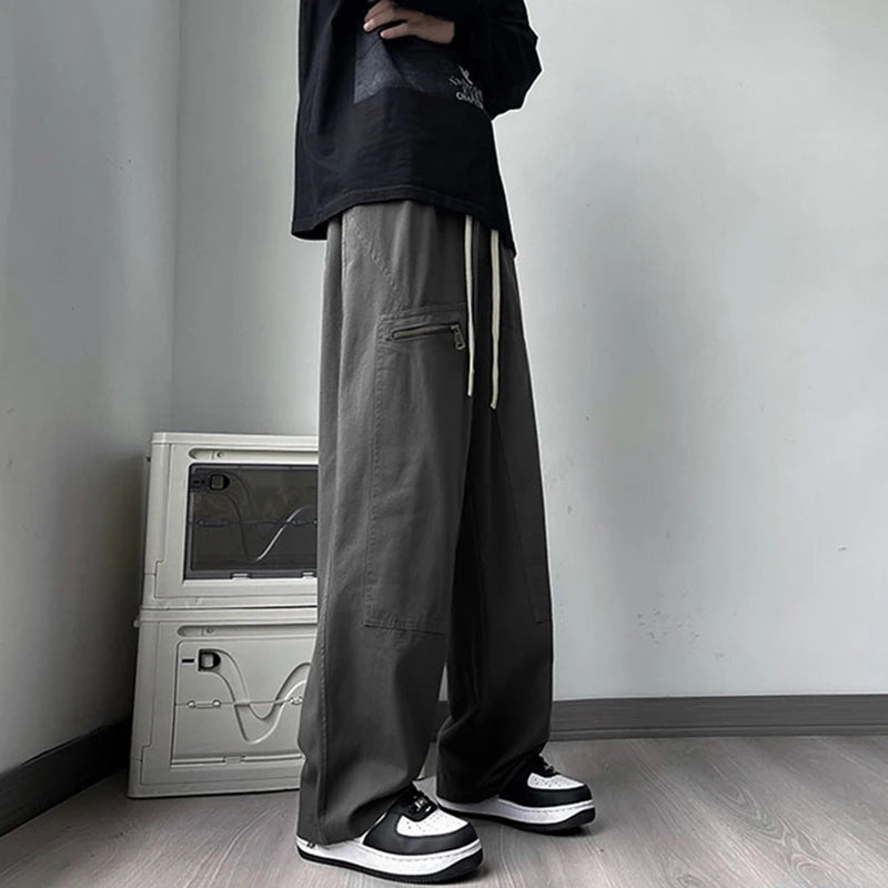 new korean fashion cargo straight pants for men autumn casual zipper pocket drawstring trousers classic tactical y2k pantalones unique cargo style 235